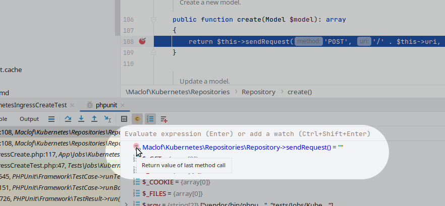 A screenshot of inspecting the return value of last method call in PHPStorm